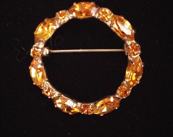 Vintage Amber Rhinestone Circle Brooch