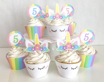 Printable Girl's Unicorn Cupcake Toppers and Wrappers, Rainbow Unicorn Birthday Party, Unicorn Cupcakes, Edit Yourself, Instant Download