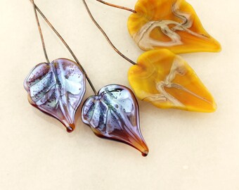 Lampwork Headpins, Glass Leaf Head Pins, Headpin on 20Ga Antique Copper Wire, Matte Blue, Lavender