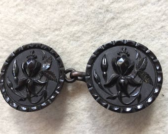 Victorian Cloak Cape Clasp of Vulcanite and French Jet with Scottish Thistle