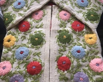 Goodbye Rain Sale Amazing Vintage Ugly Easter Sweater~Cardigan~Wool~Flower Yarn Embroidery~Spring