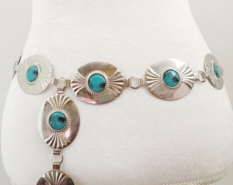 Vintage silver and turquoise concho chain belt.