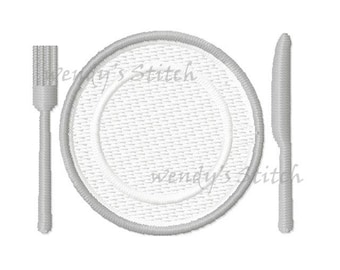 Kitchen knife fork dinner plate machine embroidery design instant download