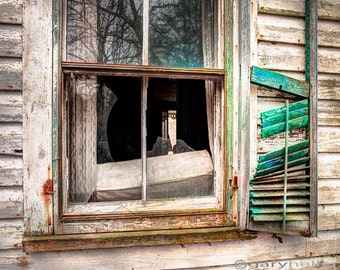 Broken window and shutter, Abandoned house, Old Rustic, Texture and Patina, Teal and Orange, Old windows, Signed Photography print.