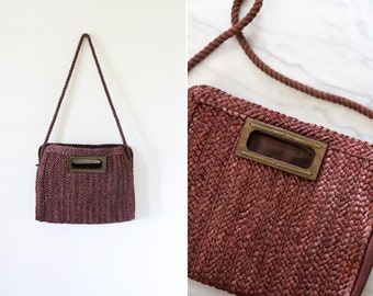Vintage Dark Brown Woven Straw Shoulder Bag // Brown Woven Handbag