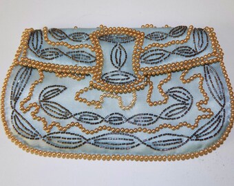 Vintage Blue Beaded Satin Evening Clutch Bag / Purse
