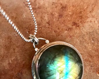 Mystic Ocean-Labradorite Pendant 35 mm Big Round Blue Labradorite Necklace Artisan 925 Silver Bezel Fire Spectrolite Statement Pendant
