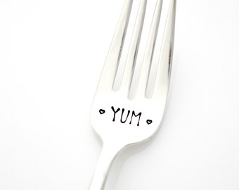 Yum stamped fork. Hand Stamped Silverware for your favorite desserts. Cake Fork, Dinner Fork, By MilkandHoney.