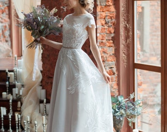 Wedding dress LORA / A-line wedding dress, boned, open back wedding dress, covered shoulders, short train weding dress
