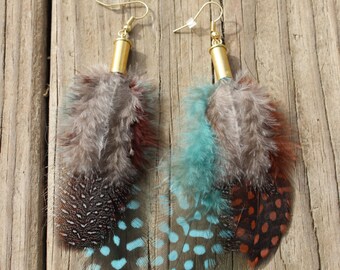 Handmade .22 Caliber Brass Bullet and Feather Earrings for the Country Hunting Girl, Bullet Earrings