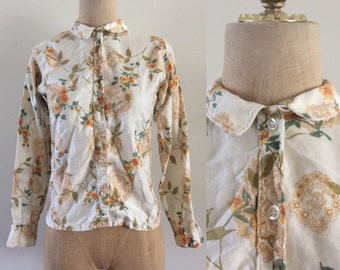 1950's Floral Mandala Cotton Button Up Size XS Small by Maeberry Vintage