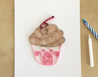 Quilling Paper Tan and Pink Cupcake Home Decor, Chocolate Pink Cupcake Art, Girls Room Decor, Toddler Baby Girl Gift, Girls Cupcake Art