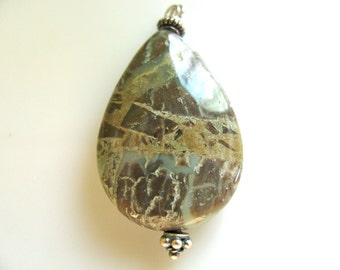 Jasper pendant, Snakeskin Jasper, 20x37mm, green, tan, brown,Sterling bail, Jewelry supply B-1180