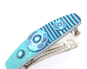 Blue elegant barrette, turquoise unique barrette, polymer clay barrette, dark blue and white, spiral and stripes hair jewelry barrette
