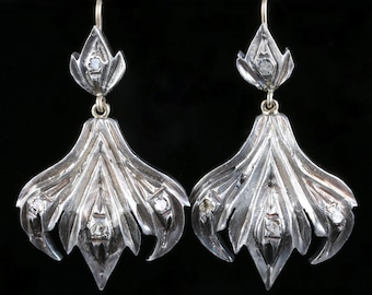 Georgian Long Rose Cut Diamond Silver Gold Large Earrings