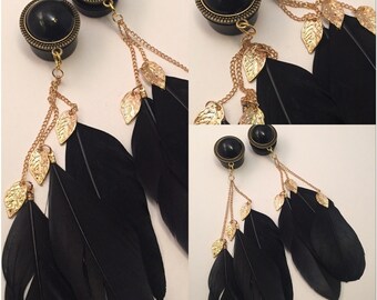 0G 00G 1/2" 9/16" 5/8" 3/4" 7/8" 1" PICK SIZE Black Pearl Feather Gold Leafs Bohemian Girly Ear Guages Dangle Plugs