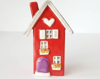 Little Clay House, Red Ceramic House, Miniature House, Whimsical house, Red Fairy House, Clay Cottage, Housewarming Gift