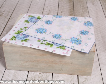 Vintage Blue Floral Hankies, Blue Floral Handkerchiefs, Something Blue, Something Old, Bridal Hankies, Bouquet Wraps, Vintage Wedding