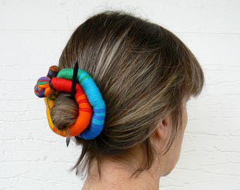 Stick Slide Fascinator, Rainbow jewelry, Ethnic bun holder, Shawl brooch, Large hair barrette, Colorful Thick hair clip, Ponytail holder
