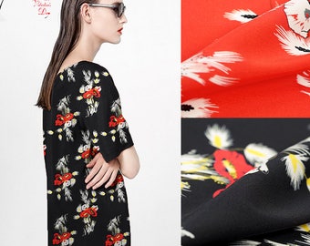108CM Wide 19MM Floral Print Red Black Strech Silk Fabric for Elegant Women's Blouse Dress Clothing Cheongsam E349