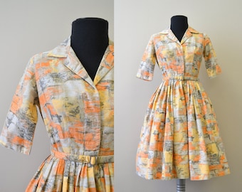 1950s Orange Printed Cotton Shirtwaist Dress