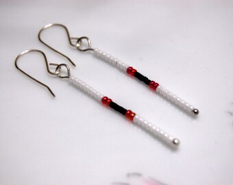 White Red Black Line Earrings, Modern Jewelry, Bar earrings, stick earrings, minimalist earrings, small dainty beaded earings, gift for her