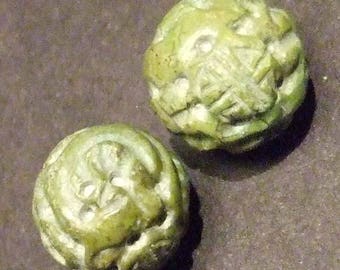 Pair Vintage carved turquoise bead. 13mm (Turq 6)