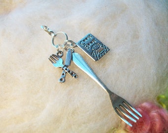 Zipper Charm Chef Cook Book Fork Zipper Pull Zipper Gripper Backpack Purse Sleeping Bag Lunch Bag Stocking Stuffer, Antique Silver Charms