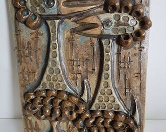 Scandinavian crazy birds Winblad stoneware plaque midcentury Alingsas Keramik Sweden