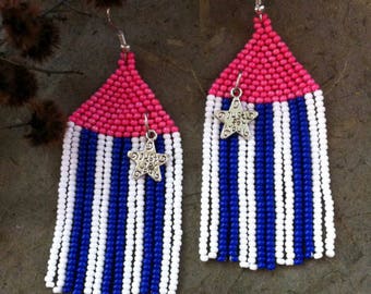Beaded earrings, native earrings, Long fringe earrings, Boho style, Native American style,Striped Earrings,hippie style,Gypsy style earrings