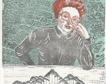 Marie Tharp Linocut Portrait Geologist and Oceanographic Cartographer & Mid Atlantic Ridge Lino Block Print Women in Science