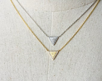 CZ Triangle Necklace, 14k Gold plated/Silver, Dainty Triangle Necklace, Tiny Triangle Necklace, 16k Gold Plated Triangle Necklace