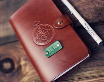 SALE 50% Personalized Leather journal, Notebook, Travel Diary, Journal, Sketchbook, Brown stain, Compass, name initials