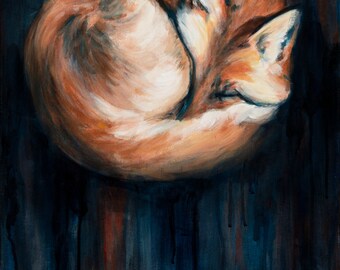 Sleeping Fox, Fox Art Print, Sleeping Fox Art Print, 9x12 giclee print
