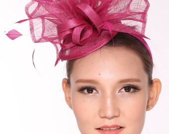 Kentucky Derby Feather Floral Sinamay Headband Fascinator Hat Hot Pink