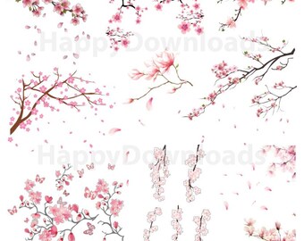 Blossom Tree Branch Sakura Petals Flower Cherry Pack Graphic Clipart PNG Digital Download