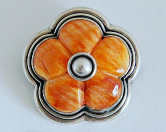 Vintage 950 silver banded orange agate abstract flower brooch, handsome striking apricot agate fine silver artisan made raised woodland pin