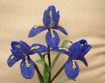 3 Handmade Dark Blue/ Purple Iris's .. French Beaded Flowers