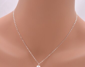 Pearl Necklace - Sterling Silver, Pearl Pendant Necklace, Single Pearl Necklace. Bridesmaid Pearl Necklace, Silver and Pearl Necklace 0086