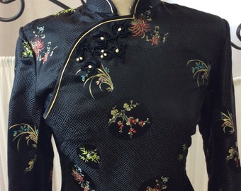 Black Chinese Dress,Long Sleeves Dress, Elegant Long Floral Dress