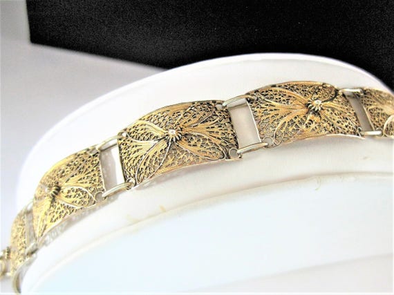 Gold Overlay Bracelet, Large Square Multilink, Mid Century, Gold Filigree Links