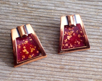 Modernist Matisse Earrings, Vintage MATISSE Enamel Copper Earrings, Modernist Geometric Clip Earrings, Vintage Copper Jewelry