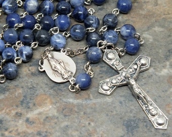 Sodalite Gemstone Rosary, 5 Decade Rosary, Catholic Rosary, Blue Gemstone Rosary, Our Lady of Grace and Papal Shield Centerpiece, Men's