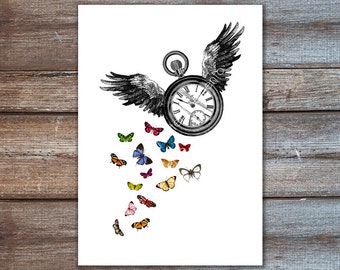 time flies, pocket watch with wings - butterflies art print