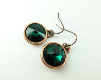 Emerald Copper Earrings Crystal Earrings May Birthstone Earrings Birthstone Jewelry Emerald Dangle Earrings Copper