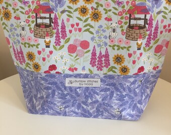 Garden Gnomes zip closing project bag - medium 1-2 skeins for knitting and crochet