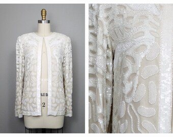 Heavily Embellished Sequined Jacket // White Beaded Sequin Evening Jacket