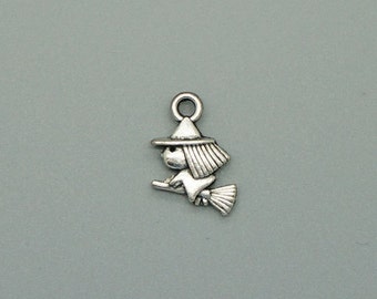 25pcs Witch Charms 16x10mm Antique Silver Tone Witch Riding Broom 2 Sided