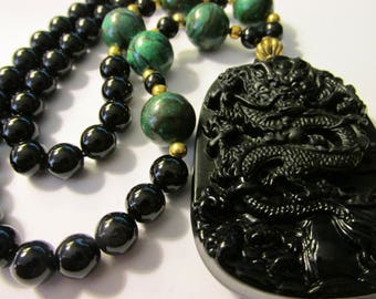 Black Obsidian Mythical Dragon Pendant with Green Malachite and Black Agate Bead Necklace, 22"