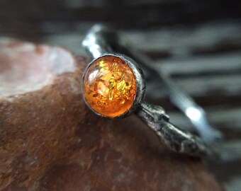 Simple Baltic Amber Solitaire Ring - Unique Rustic Sterling Silver Twig or Branch Botanical Jewelry - Taurus Birthstone Ring